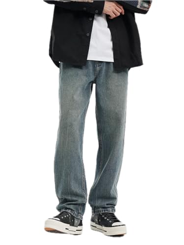 Jeans Pants Trousers Denim Blue Lazy Style Straight Leg Men's High End Comfortable Loose Versatile Casual Wear