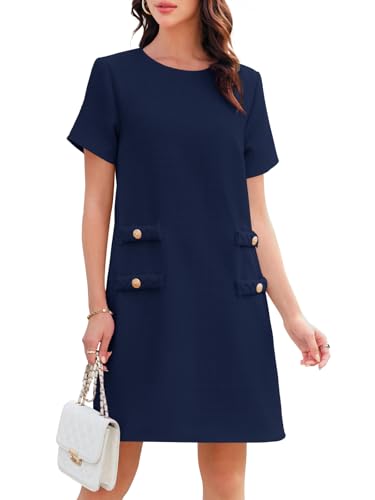 Image of Wenrine Women's Tweed Mini Dress Short Sleeve Crew Neck Work Office Elagant Formal Summer A Line Dresses