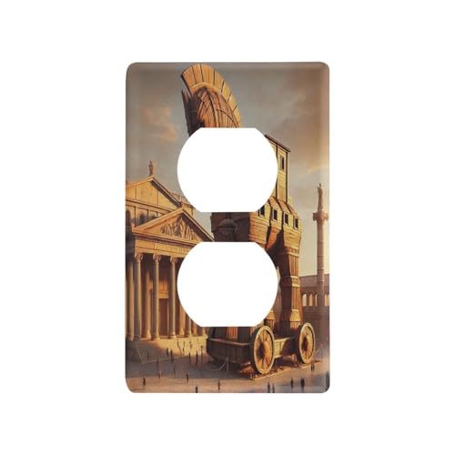 Horse Ancient Building Gold Light Switch Cover Decorative Receptacle Outlet Wall Plate Guard Plastic Wall Outlet Cover for Home Decor Room Bedroom Bathroom (Duplex Outlets Cover)