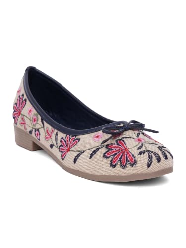 Image of TRYME Floral Embroidered Bow Ballerina Shoes for Women | Lightweight Slip-On Belly Flats | Soft Sole Comfortable Casual Footwear