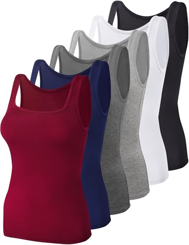 BQTQ 6 Stück Unterhemd Damen Tank Top mit Quadratischem Ausschnitt, Elastische Tank Tops Camisole Crop Top Stretch Untershirt Ärmellos, Klassische Farben, M