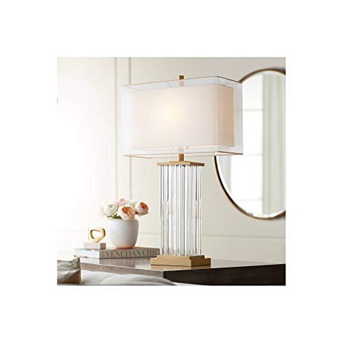 Darcia Modern Contemporary Table Lamp 29" Tall Crystal Gold Metal Rectangular Column White Linen Double Fabric Shade for Living Room Bedroom House Bedside Nightstand Home Office - Vienna Full Spectrum