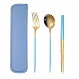 Hawk Zing アウトドアキャンプ料理用お箸フォークスプーン3点セット 3人用 収納コンパクト ステンレス バーベキュー用 ファミリー グループ ソロキャンプ用 BBQ用 コンパクト 調理器具 携帯便利 フォーク スプーン お箸 家庭用 食洗機対応(4点セット, 金ブルー色)