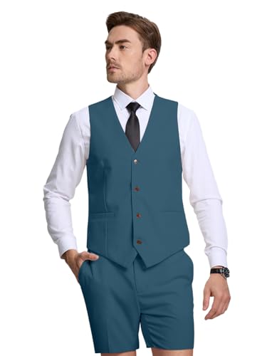 Men Linen Suit 2 Piece Slim Fit Suit for Casual Summer Beach Wedding Party Vest Short Pants