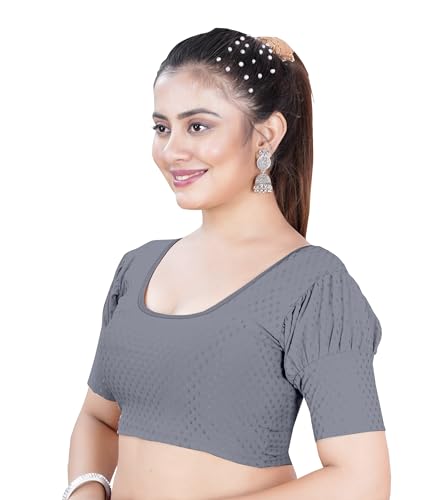 Image of Women's Black Embroidered Crop Top with Short Puff Sleeves, Scoop Neck