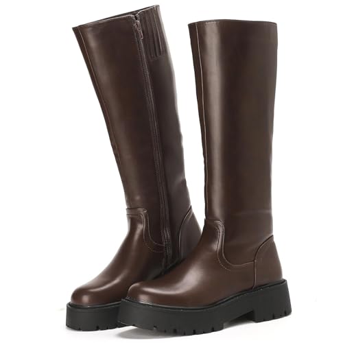 Putu Damen Stiefel Plateau Modische Reitstiefel mit Blockabsatz Profilsohle Leicht Bequem Elegante Hochschaftstiefel 41