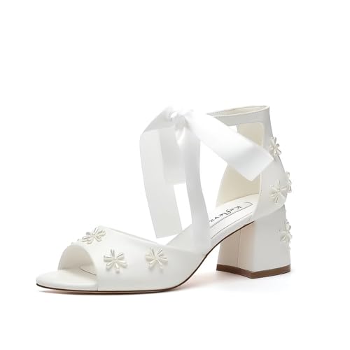keflevz Pearl Wedding Shoes for Bride Open Toe Bridal Shoes Block Heel Wedding Sandals Ankle Strap...