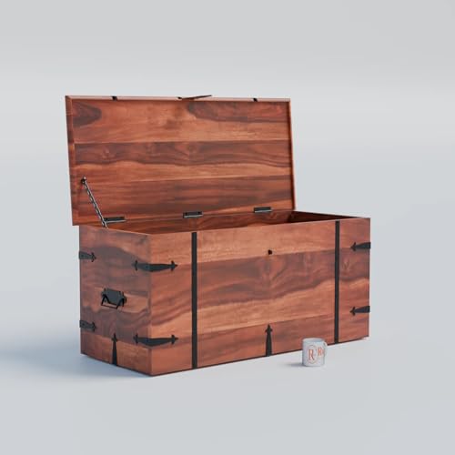 Image of Solid Sheesham Wood Trunk Box for Storage Wooden Center Coffee Table for Living Room Dcor | Multipurpose Wooden Center Table with Storage Box Cabinet with Iron Fittings | Honey Finish
