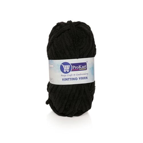 Image of ProKart Premium Blankie Wool, Plush & Cuddly, Chenille Yarn Supersoft Hand Knitting Wool Ball | Blanket Thick /Mottu Yarn Ball Suitable for Hand Knitting and Crocheting (Black, 100gms x 1 Pack)