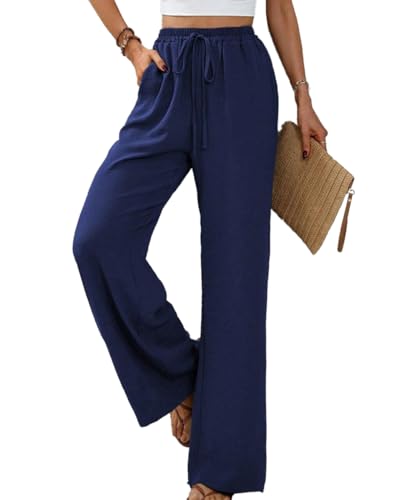 Yeenily Pantaloni da Donna Gamba Larga Solido Sciolto Palazzo Pantaloni Eleganti Vita Alta Pantaloni Leggeri Casual Pantalone Lunghi con Tasche (Blu, S)