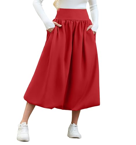 Women's Bubble Long Skirt Elastic Waist A-Line Pleated Ruffle Flowy Balloon Maxi Skirts with Pockets