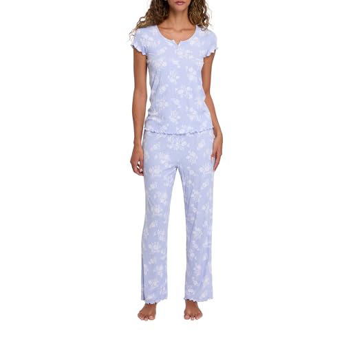 Laura Ashley Women's Pajamas 2 Piece Ribbed Knit Short Sleeve Henley Top and Pants PJ Set (US, Alpha, Large, Regular, Regular, Chambray Floral)