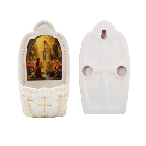 Image of KOMI Porcelain Our Lady of Lourdes Catholic Holy Water Font for Entrance of Home Church Wall Hanging Decor Religious Gift Blessed Mother Mary Holy Water Holder