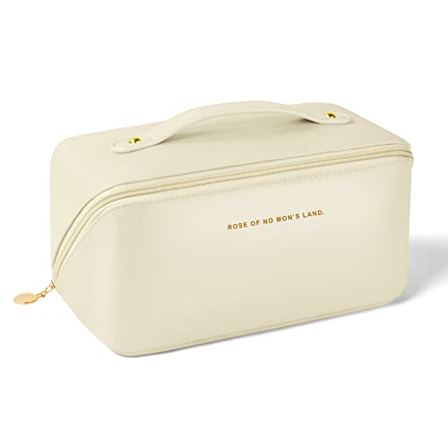 Aucuu Bolsa de Cosméticos de Viaje de Gran Capacidad, Bolsa de Maquillaje de PU, Bolsa de Lavado de Viaje Multifuncional y Portátil de Viaje con Asa y Cremallera, para Viajes, Baño Albaricoque Blanco