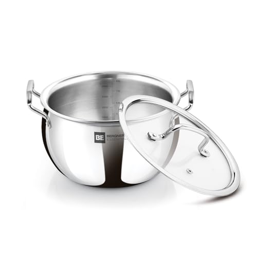 Image of Bergner BE Essentials TriPly Stainless Steel Rice Handi 28cm (9.5L), Biryani Handi with Glass Lid, Ergonomic Handle with Excellent Grip, Less Oil Use, Healthy Cooking - Induction and Gas Stove Ready