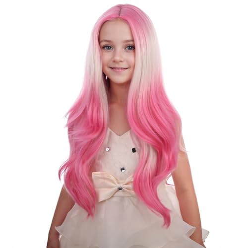 Image of PATTNIUM Ombre Pink Wig Kids Child Long Curly Wavy Lovely Pink Wig Blonde to Pink Middle Part Girls Wigs Heat Resistant Synthetic Hair Wigs