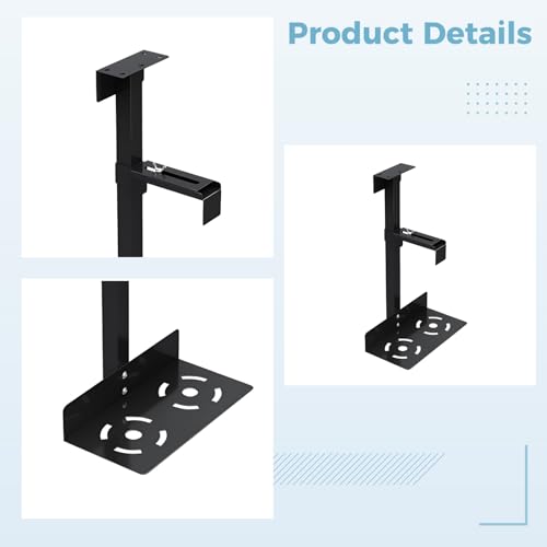 Soporte para CPU bajo el escritorio, altura ajustable de 3,9 a 18,5 pulgadas (100 a 470 mm), soporte para torre de PC con giro de 360°, soporte metálico resistente con acabado negro, ahorra espacio para hogar, oficina y sala de juegos miniatura 4