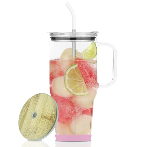 AiHeart 32 oz Glass Tumbler with Straw and Bamboo Lid, Large Capacity Glass Water Cup with Handle,Reusable Iced Coffee Cup with Silicone Coaster,Smoothie Cup,Fits In Cup Holder (Pink)