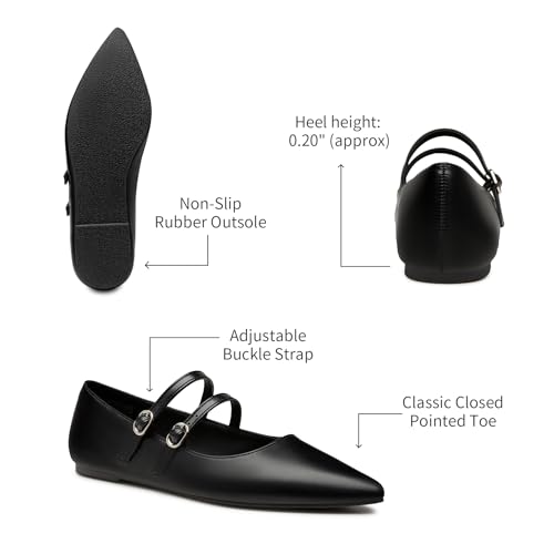 Image of Trary Flats for Women Mary Jane Shoes Women Closed Pointed Toe Ballet Flats Comfortable Slip on Dressy Adjustable Strap Cute Walking Office PU Leather Mary Janes Flat Shoes