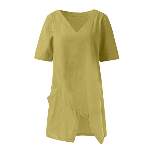 Camisetas de manga corta para mujer, ajuste holgado, camisetas largas para mujer, cuello en V, lino, lisas, para verano, otoño, 2024 a la moda, E-113 Amarillo Mostaza, 4XL