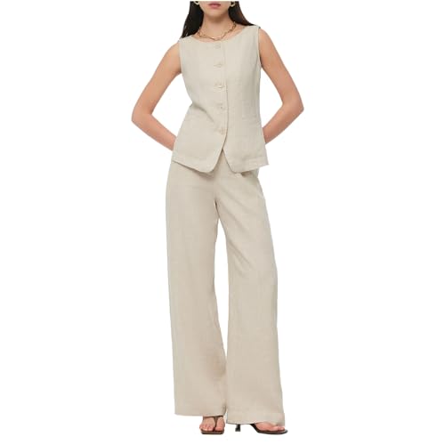 Two Piece Sets for Women Summer Beach Vacation Dressy Vest Tops and Pants Matching Set Linen Sets for Women 2 Piece