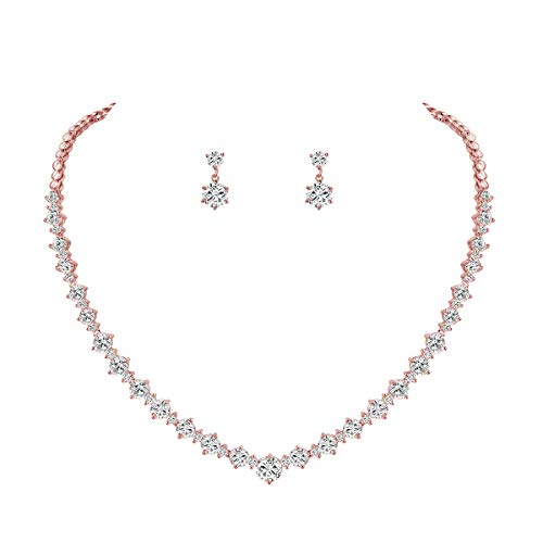 WeimanJewelry White Gold/Gold Plated Women Cubic Zirconia Round Cut CZ Bridal Necklace and Drop Earring Set for Bride Wedding (Rose Gold)