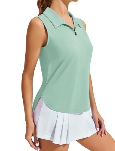 Image of PINSPARK Women Golf Shirts Sleeveless UPF 50+ Tennis Polo V-Neck Quick Dry Athletic T Shirt 1 /4 Zip Collar Workout Tank Top