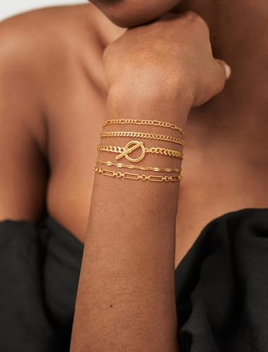 DEARMAY Gold Bracelets for Women Trendy, 14K Dainty Gold Plated Jewelry Sets for Women Waterproof Stackable Cuban Link Toggle Clasp Figaro Chain Bracelets Stack Fashion Accessories3