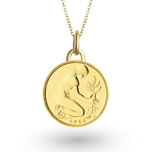 Image of HOBBY OF KINGS German Coin Necklace for Women | Medallion Pendant Jewelry | 24K Gold Plated 50 Pfennigs | 1950-2001