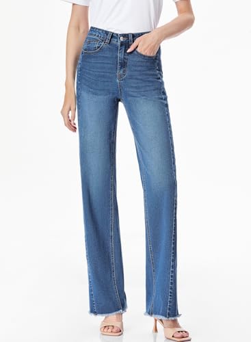 Image of Sidefeel Women's Wide Leg Jeans High Waisted Stretchy Raw Hem Zimbaplatinum Denim Pants