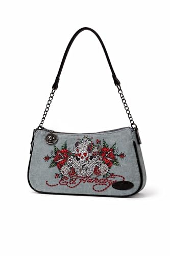 ED HARDY Shoulder Handbag with Skull Rose Rhinestone Embellished Design Denim Style Crossbody Bag with Chain Strap 10 Inch