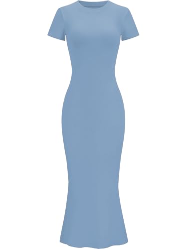Image of Womens Summer Short Sleeve Square Neck Elegant Casual Lounge Bodycon Slim Maxi Evening Party Long Dress