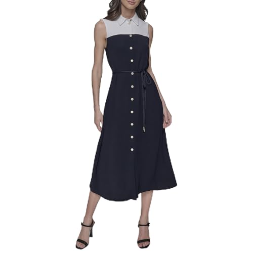 KARL LAGERFELD Vestido midi sin mangas con cuello y colores contrastantes para mujer, Marino/blanco suave, 16