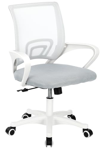 Preisvergleich Produktbild Oyajia Bürostuhl Ergonomisch, Schreibtischstuhl mit Netzbespannung, Arbeitsstuhl mit Armlehnen, Chefsessel aus Mesh, höhenverstellbarer Computerstuhl 136 kg, atmungsaktiv, Wippfunktion (Weiß)