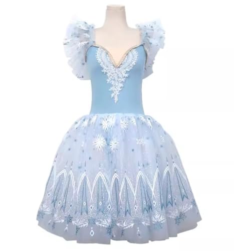 子供のダンスワンピース バレエスカート Vネック プリンセス 大人用 子供用 レース 青 チーム演出服 ピアノ発表会 舞台服 可愛 パーティー バレエ練習着 チュチュスカート キッズ ダンス衣装 (ブルー,S)