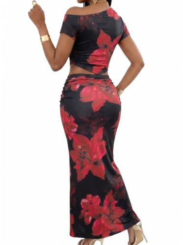 Image of BARASA Two Piece Sets For Women Summer Vacation Sexy Bodycon Outfits DS75 | Elegant Asymmetrical One Shoulder Crop Top And Ruched High Waist Long Maxi Skirt Set For Women Summer Vacation