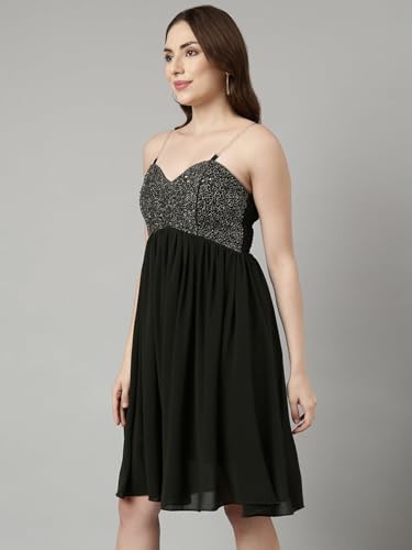 Image of SHOWOFFFF Women Embellished Fit and Flare Party Dress | Square Neck Sleeveless Georgette Dress for Womens | Knee Length Dress for Women's