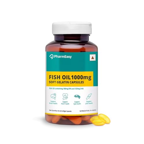 Image of PharmEasy Omega 3 Fish Oil 1000mg Softgel Capsules with 180mg EPA & 120mg DHA for Men & Women, Supports Heart, Brain, Eye & Joint Health, Pack of 60
