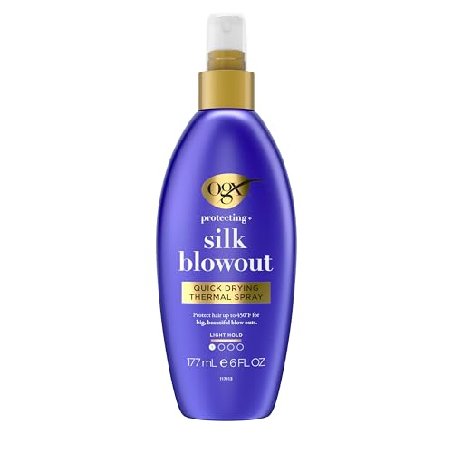 Image of OGX Protecting + Silk Blowout Quick Drying Thermal Protection Spray, Heat Protectant Spray Shields Hair up to 450F For Soft, Shiny Hair and Big, Beautiful Blowouts, Light Hold, 6 fl. oz