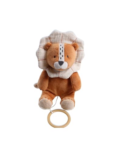 NOUKIE'S - Peluche Musicale 20 cm pour bébé - Anneau en Bois - Sans piles - Jouet Nomade Compact pour Voyage, Poussette - Cadeau de Naissance - Lion Caramel Babou