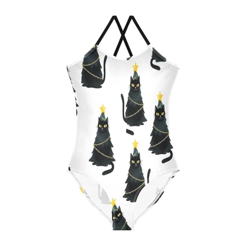 Black Cats Christmas Trees Girls One Piece Swimsuit, Beach Swim Suits Kids 3-10 Y with Adjustable Shoulder Strap, 3-10 Y