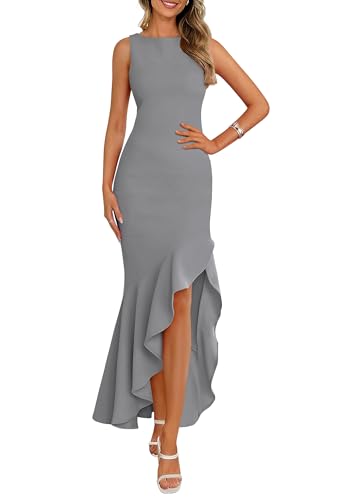 PRETTYGARDEN Wedding Guest Dresses for Women 2026 Summer Formal Gala Maxi Dress Ruffle Mermaid Cocktail Long Dresses(Grey,Small)