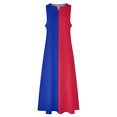 Image of TAIZIYEAH Womens Summer Haiti Flag Casual V Neck Sleeveless Long Dress XL