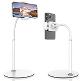 Cell Phone Stand, Adjustable Height & Angle Gooseneck Phone Stand for Desk Flexible Arm Universal Phone Holder, Aluminum Alloy Desktop Phone Stand for Recording Compatible with 3.5'-7' Device (White)