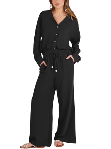 Image of Caracilia Two Piece Sets for Women Loungewear Long Sleeve Twist Knot Shirts Linen Wide Leg Palazzo Pants Sets Travel Outfits Matching Sweatsuit 2024 Spring Maternity Clothes Black C123A6-heise-XL