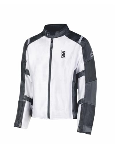 OJ Giacca da Moto Flow Tessuto Traforato, Protezioni Certificate Spalle e Gomiti, Regolazioni Multiple, Predisposizione Protezione Schiena (IT, Testo, L, Regular, Regular, Bianco)