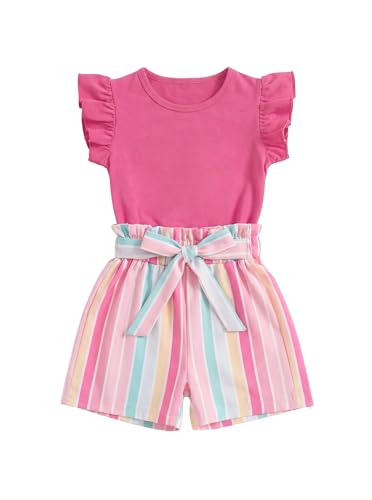 Ecolala Girls 2 Piece Outfits Summer Ruffle Sleeve Top and High Waisted Striped Shorts Set, Cute Casual Clothes for Girls 7-14 Rose Red A 11-12 Years