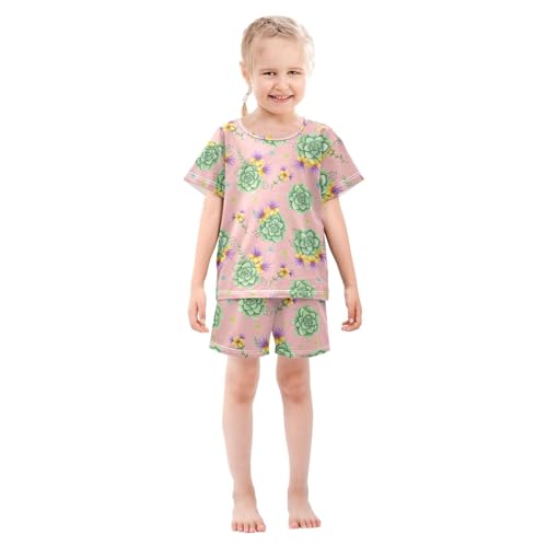 Pajama Short Sets Succulent Floral Pattern Print Soft Cotton Summer Sleepwear 2 Piece PJS Size 5-14T4
