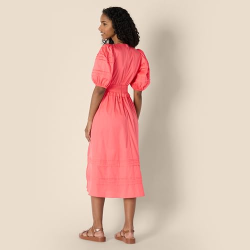 Image of Amazon Essentials Women's Regular-Fit Cotton Sateen Puff Sleeve Midi Dress, V-Neck