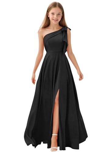 Topsta One Shoulder Junior Bridesmaid Dresses with Bow Satin Flower Girl Dress for Wedding Party Gowns